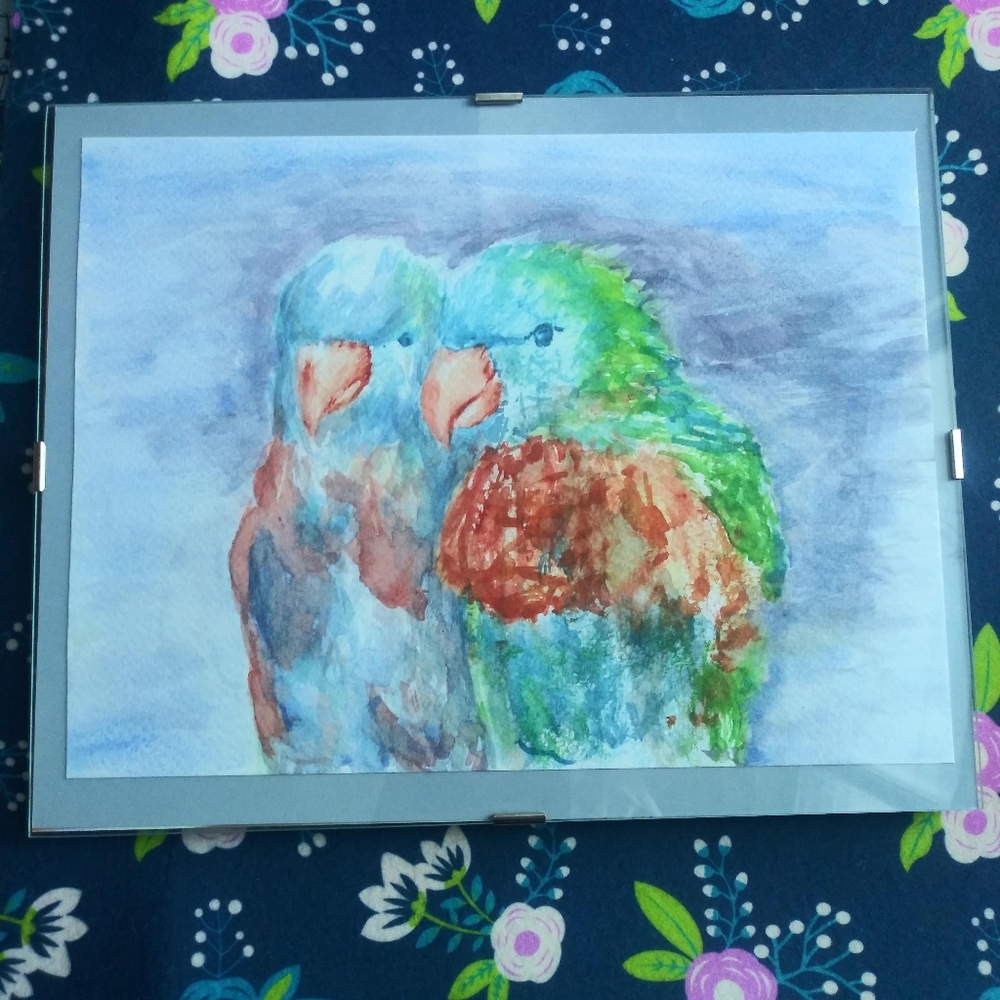 Parrots Original Watercolor Painting Wall Art Love Birds Handmade Artisan